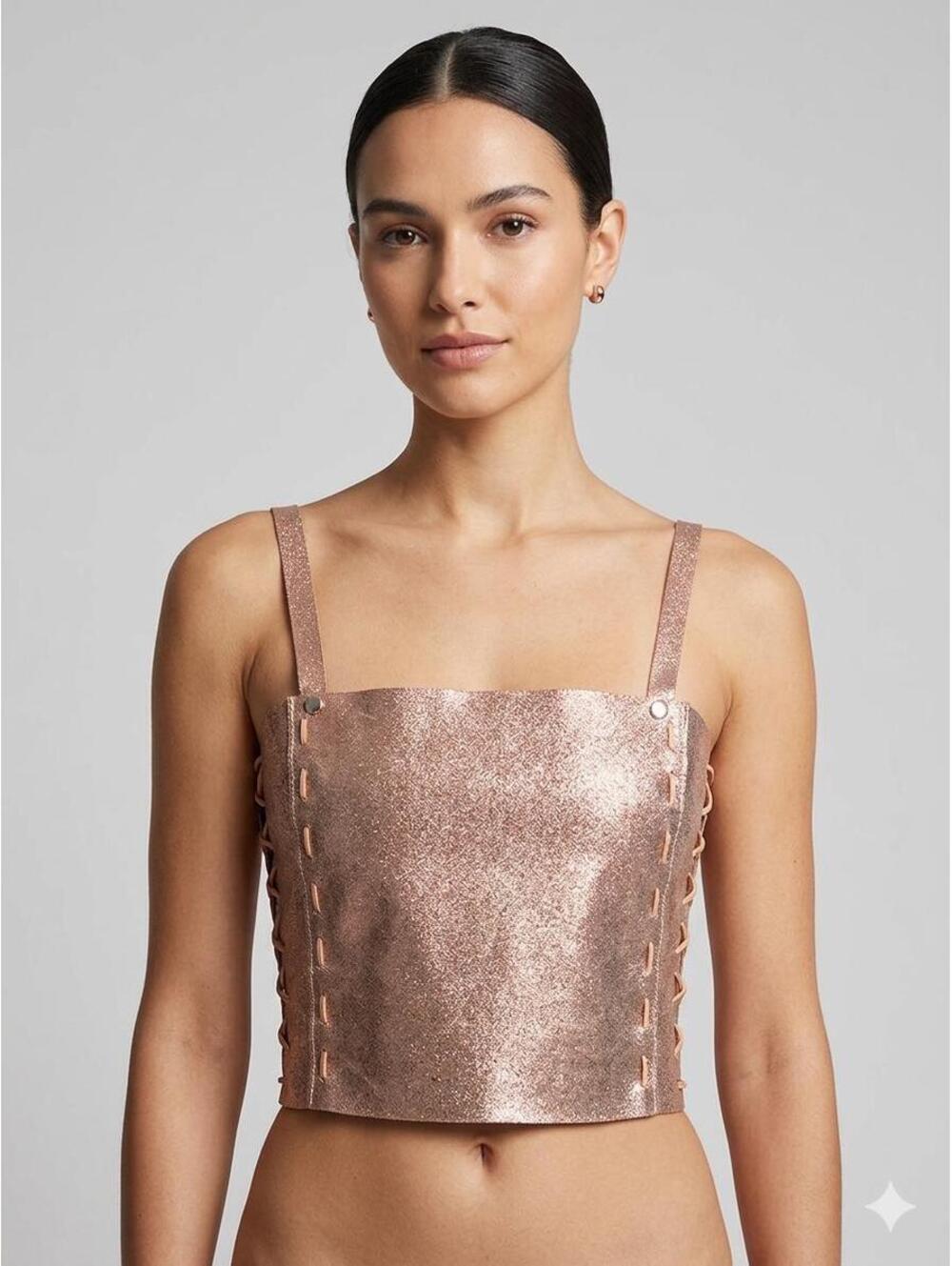 Women's Metallic Genuine Leather Crop Top.  Handmade from Argentina.  Rose Gold.
